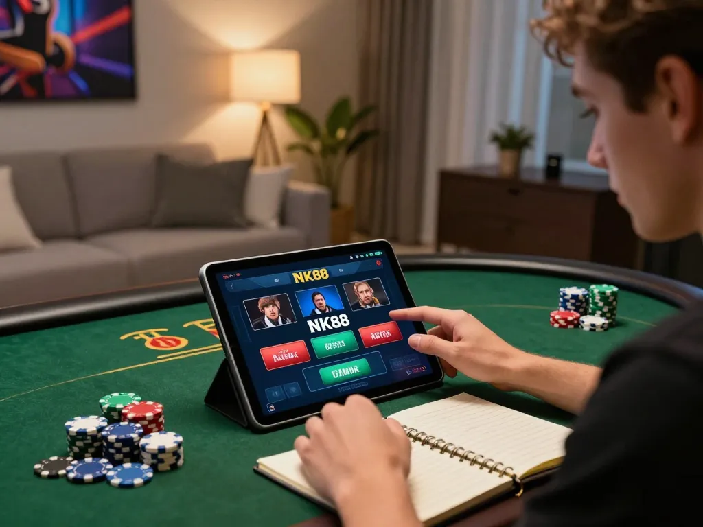 Engaging with the NK88 app while strategizing online casino gameplay in a modern home setting.