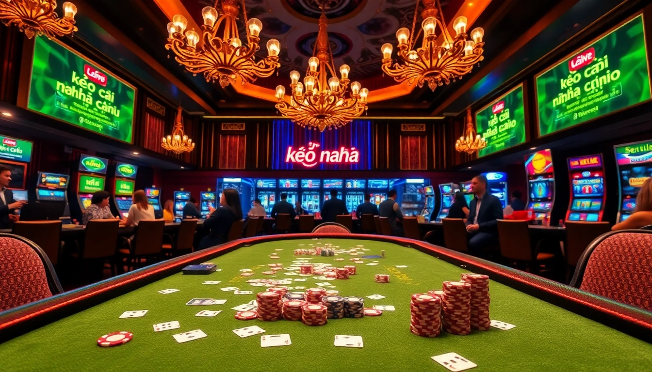 Engaging scene of a casino betting table focusing on kèo nhà cái, with poker chips and live odds displayed.