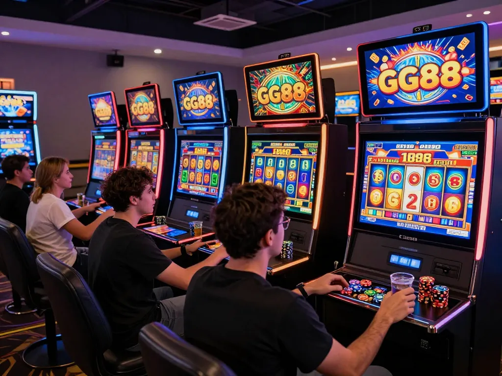 Players enjoying GG88 slot games in a vibrant online casino atmosphere, showcasing excitement and winning.