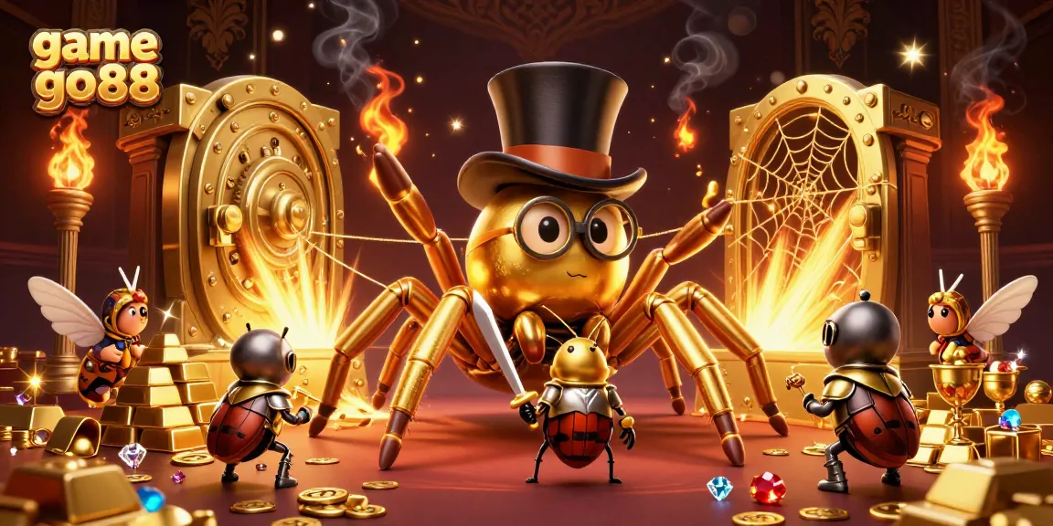 Engage in exhilarating gameplay with game go88 as you witness a golden tarantula and beetle knight in a vibrant casino.