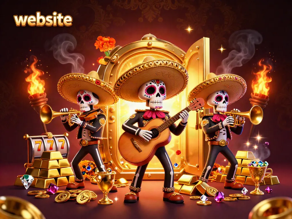 Slot online dengan karakter skeleton mariachi dan elemen kasino penuh warna.