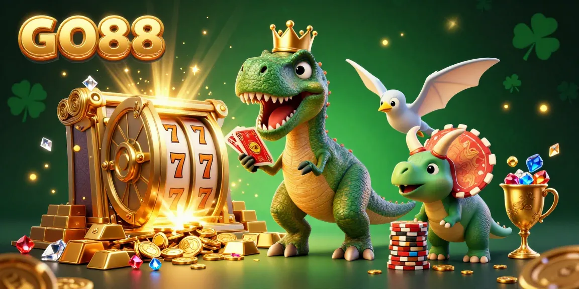 GO88's T-Rex dealer shuffles cards amid golden treasures in a fun, vibrant casino scene.