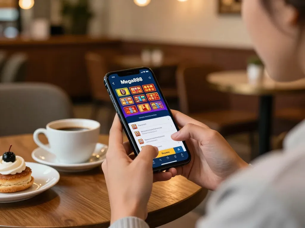 Engaged player using smartphone to download mega888 apk at cozy cafe, showcasing mobile casino gaming.