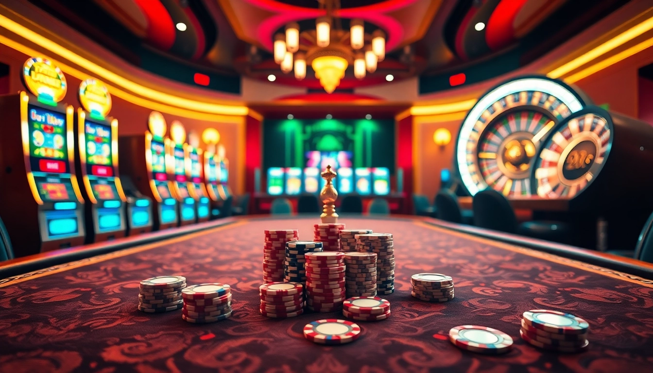 Experience the excitement of L444 with a luxurious view of a high-stakes poker table and colorful slot machines.