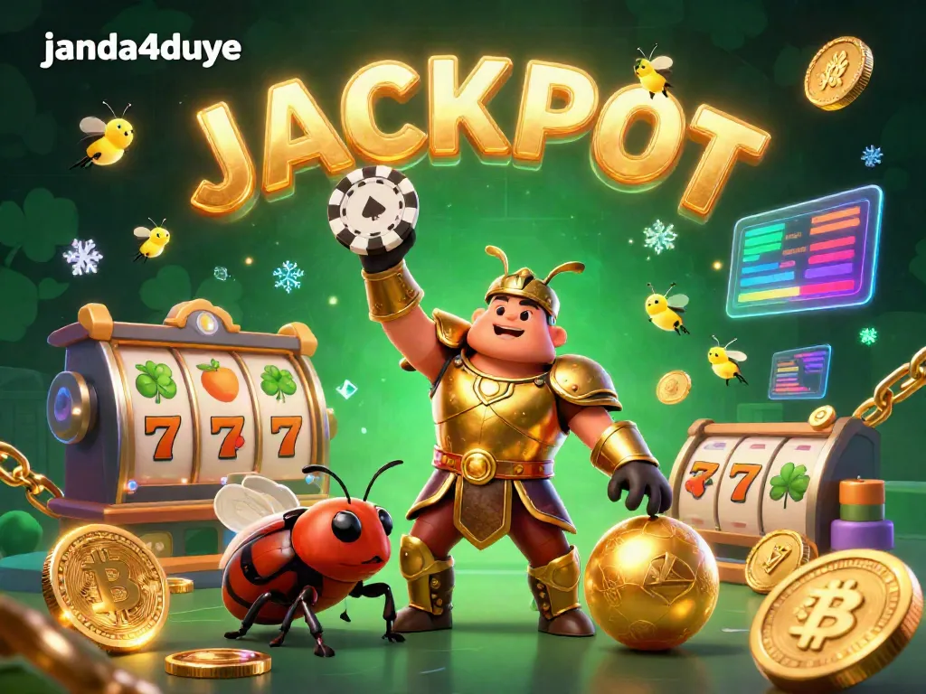 Menangkan JACKPOT di janda4duye dengan ilustrasi kartun 3D menarik dari kumbang hercules dan simbol slot.