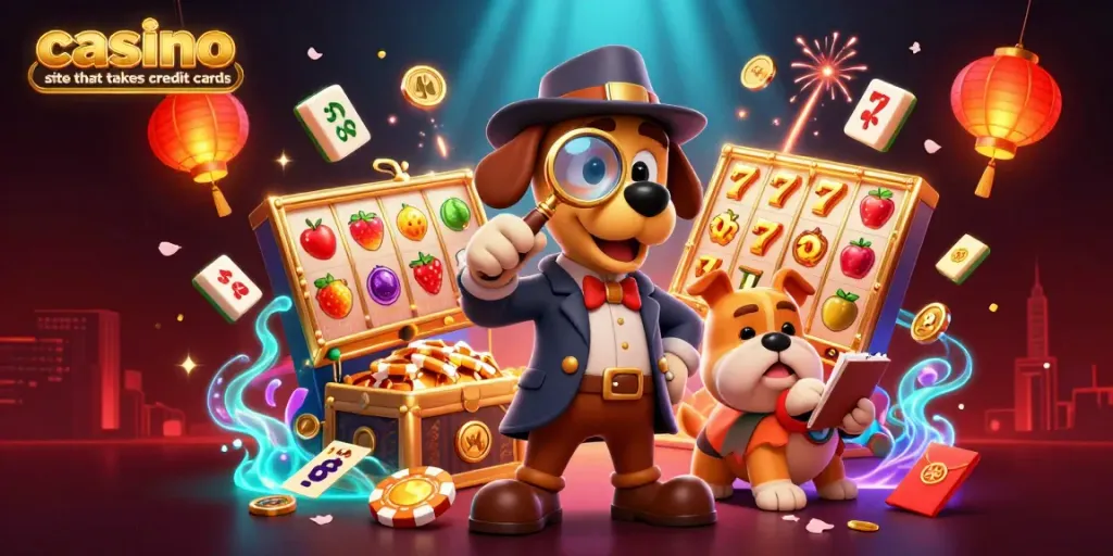 Engage with a vibrant scene showcasing a casino site that takes credit cards, featuring playful characters and dynamic gaming elements.