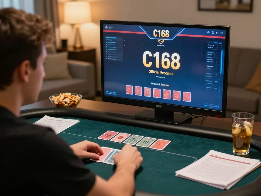 Player engaging with C168 Official poker game on tablet in cozy home setting.