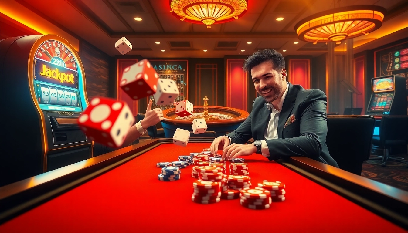 Action-packed casino scene featuring 23win players at a glamorous poker table with vibrant chips.