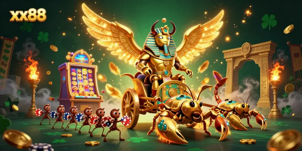 Engage with xx88's thrilling slots featuring a golden scarab and scorpion chariot