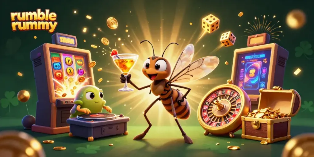 Rumble Rummy's unique mascot alongside features like a slot machine and roulette wheel, boosting gaming excitement.