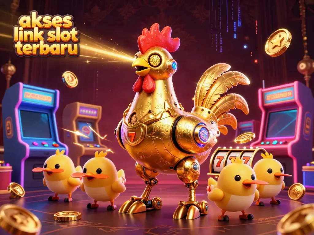 Mengakses link slot terbaru dengan ilustrasi robot ayam emas futuristik 3D dan drone anak ayam, dikelilingi mesin slot penuh warna.
