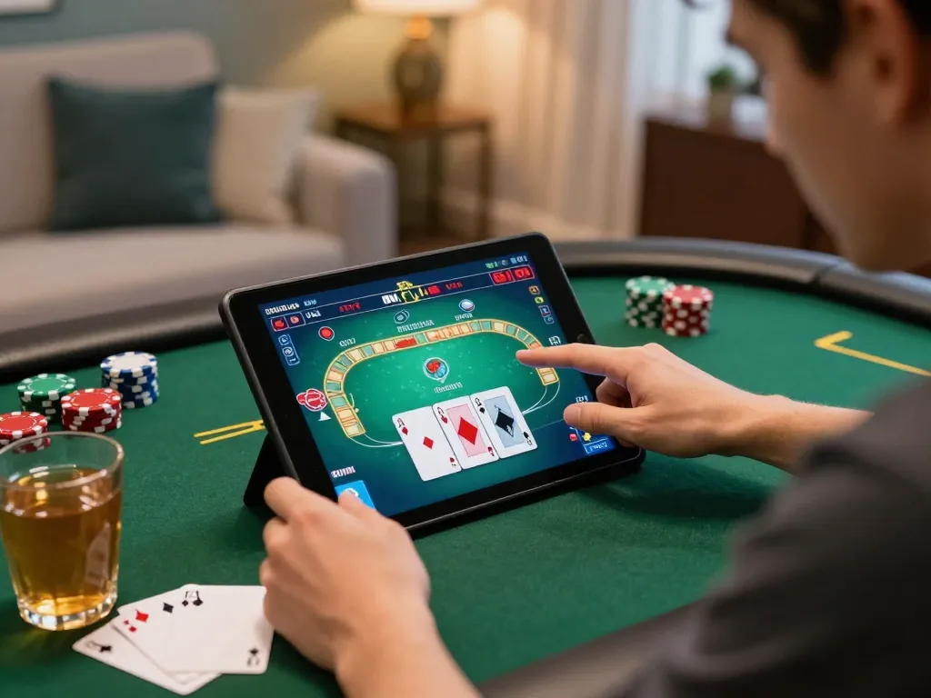 Enjoying online poker with UU88 on a tablet at home, showcasing strategy and focus