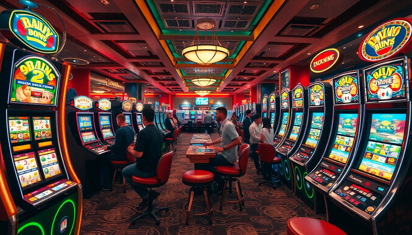 Engaging scene of players at uu娱乐 casino, surrounded by vibrant slot machines and lively atmosphere.