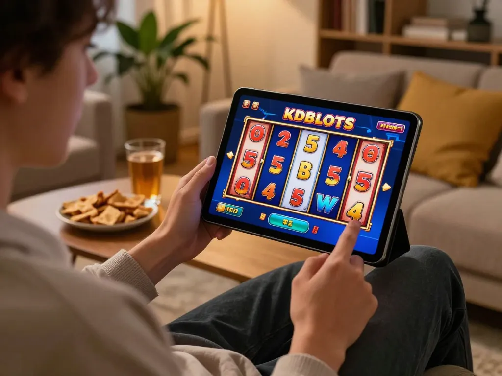 Player enjoying kdslots on a tablet at home, immersed in exciting online gaming action.
