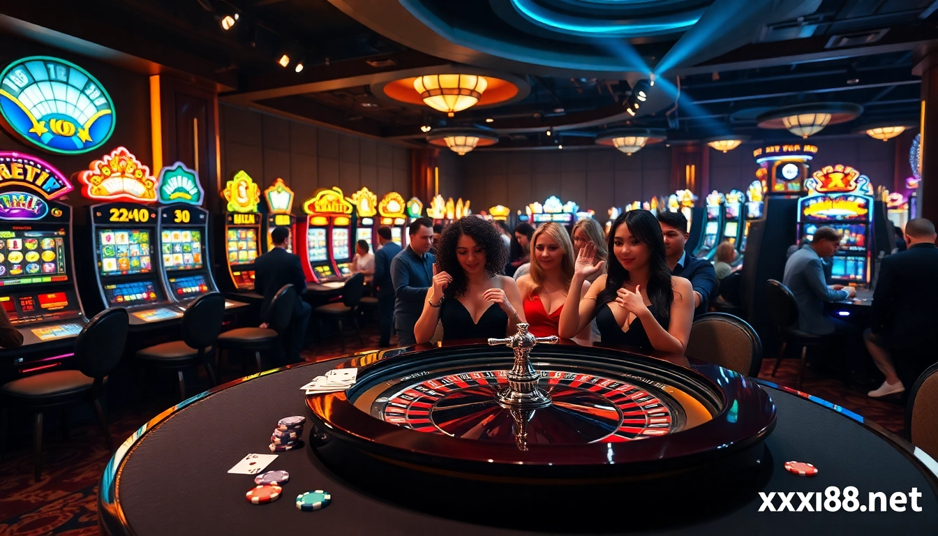 Players enjoying the thrill of roulette and slot machines at xn88 net casino.