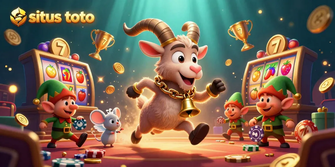 Situs toto slot gaming comes alive in a vibrant casino scene featuring a festive Krampus goat and mischievous elves.