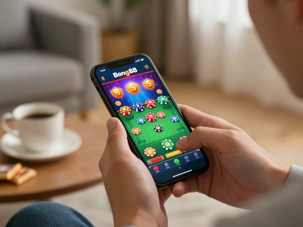 Bong88 player enjoying exciting moments on the casino app while relaxing at home.