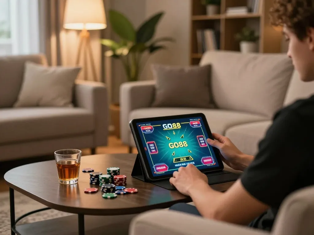 Engaging scene of a player enjoying GO88 poker on a tablet in a cozy home setting.