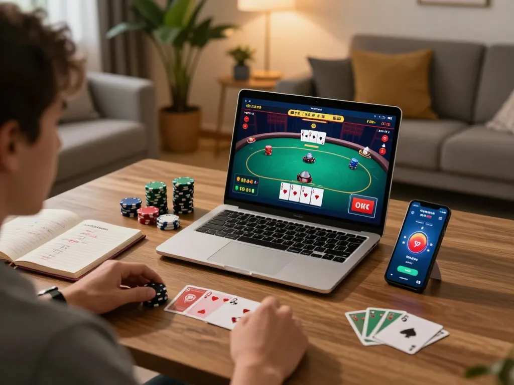 Fun88 gaming setup with a player engaged in online casino action using laptop and smartphone.