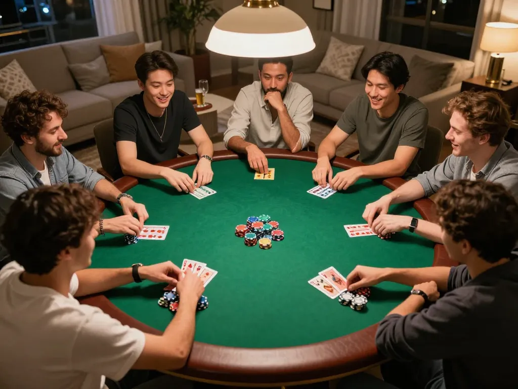 Enjoying a thrilling poker night with friends while playing iwin games at home.