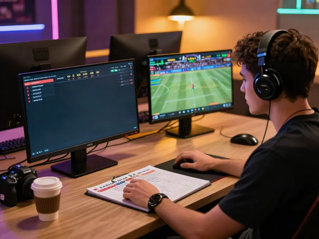 Engaged player at a modern betting desk, focusing on xx88 live sports betting with multiple screens.