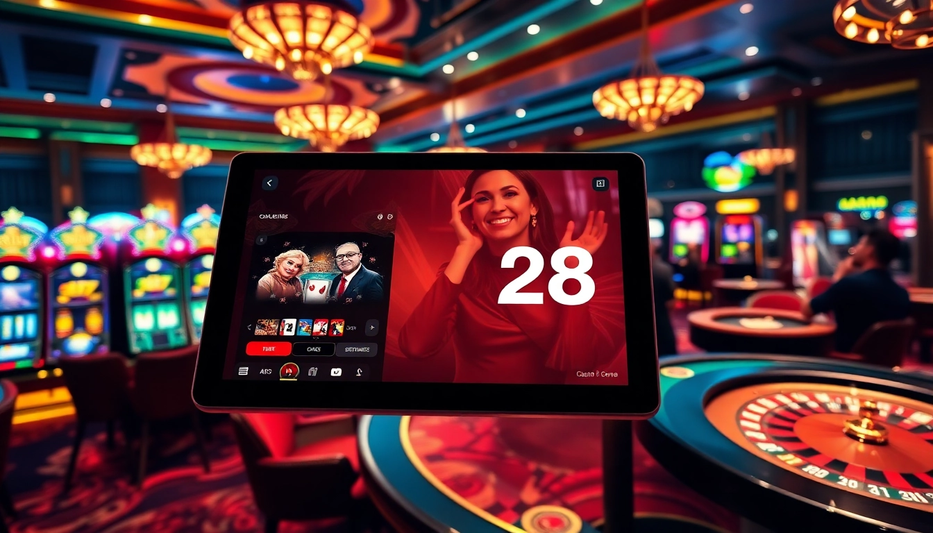 Experience G28's exceptional online gaming interface in a luxurious casino setting with vibrant tables and excitement.