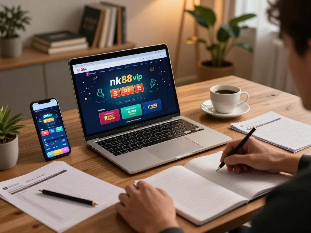 Engaging in nk88 vip online gaming with laptop and smartphone at a cozy home desk.