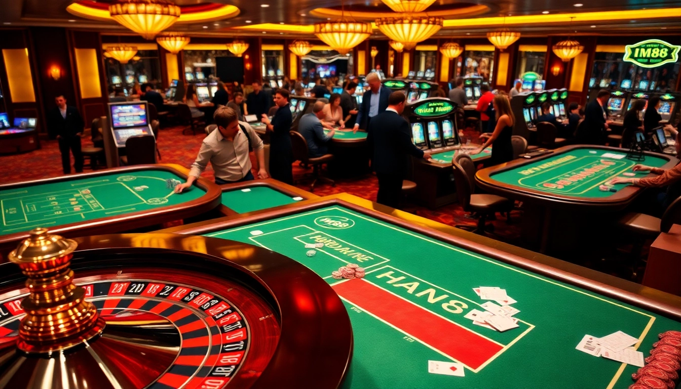 Action-packed casino scene featuring HM88 tables and vibrant slot machines.