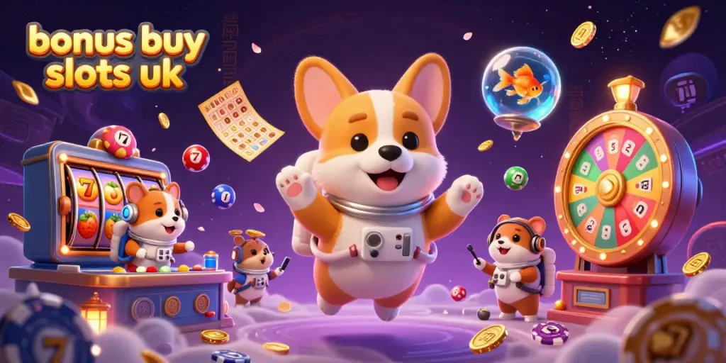 Engage with vibrant bonus buy slots UK scene featuring a floating corgi astronaut among slot reels and colorful casino elements.