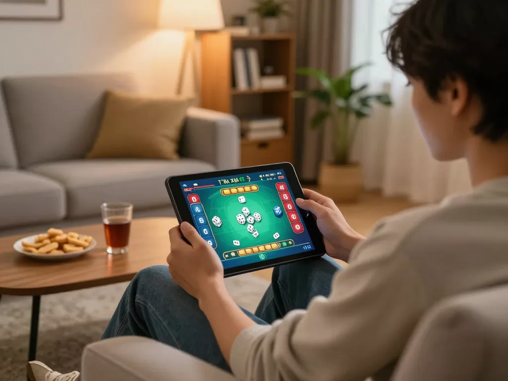 Tài xỉu online gaming in a cozy living room with vibrant game interface displayed.