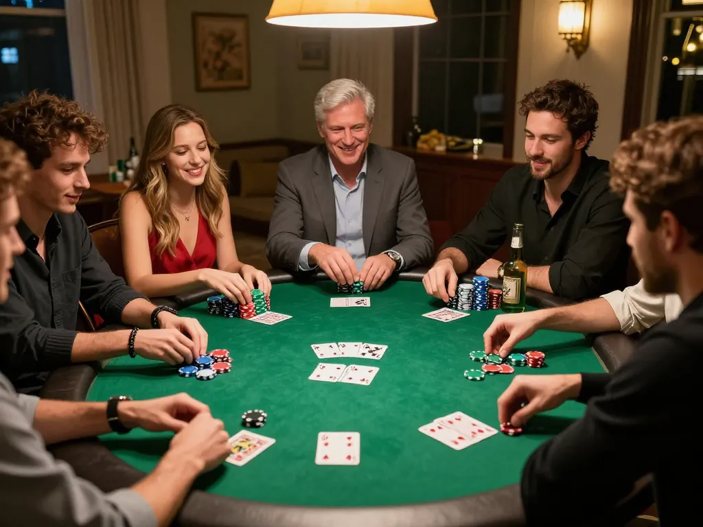 Hello88 players enjoying a lively poker night around a green felt table, showcasing strategy and social bonds.