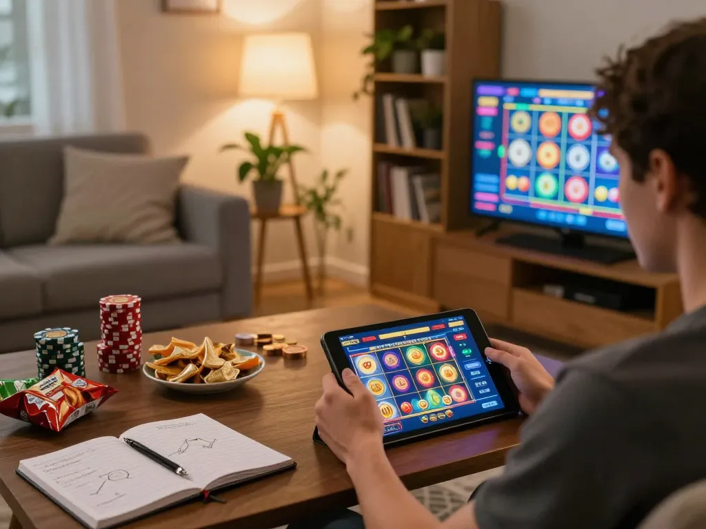Engaging in online gaming with meroope through a tablet, showcasing colorful slot games and strategy notes