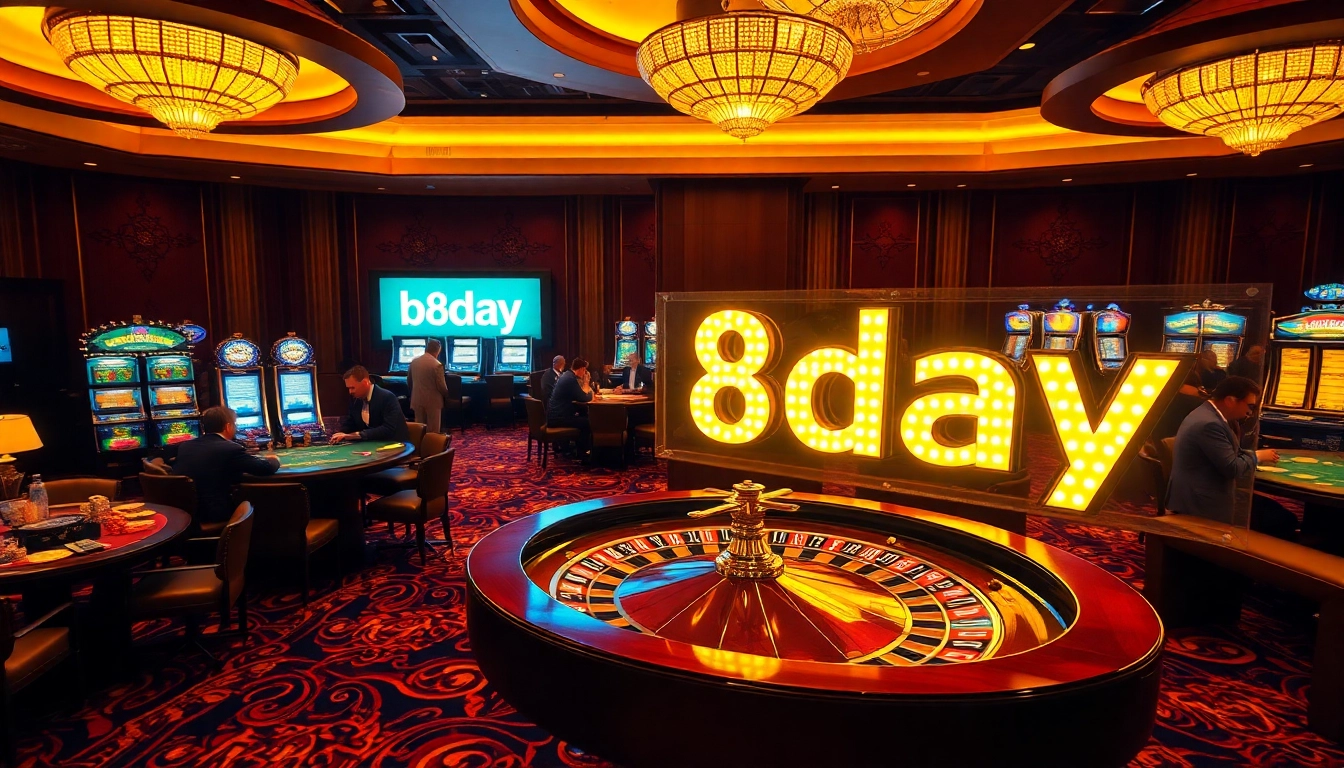 8day players enjoying a luxurious casino experience with poker chips and roulette wheel.