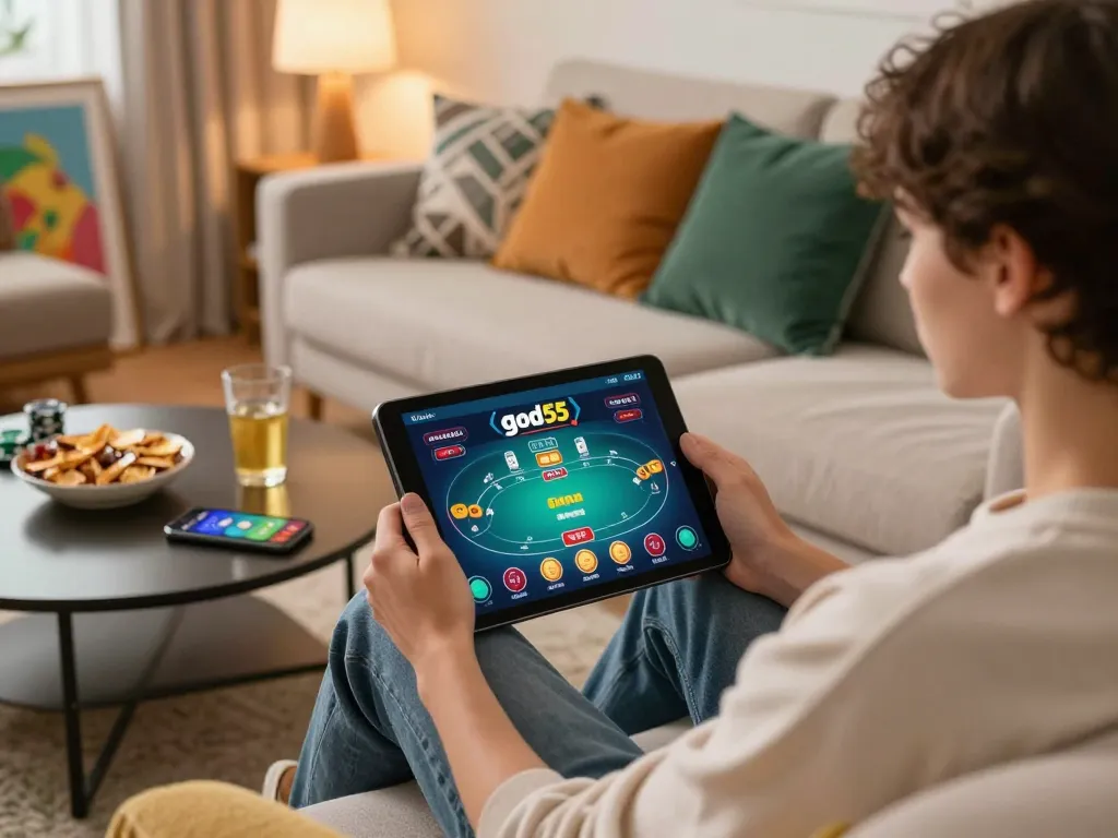 Player enjoying gameplay on god55 online casino app in a cozy home setting with snacks and warm lighting.