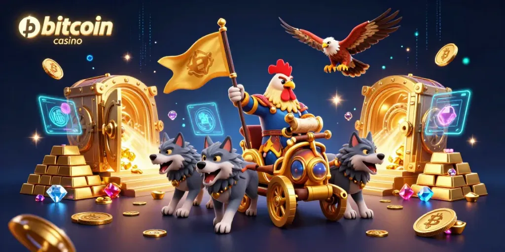 Experience exciting gameplay at a bitcoin casino with colorful characters and vibrant treasures.