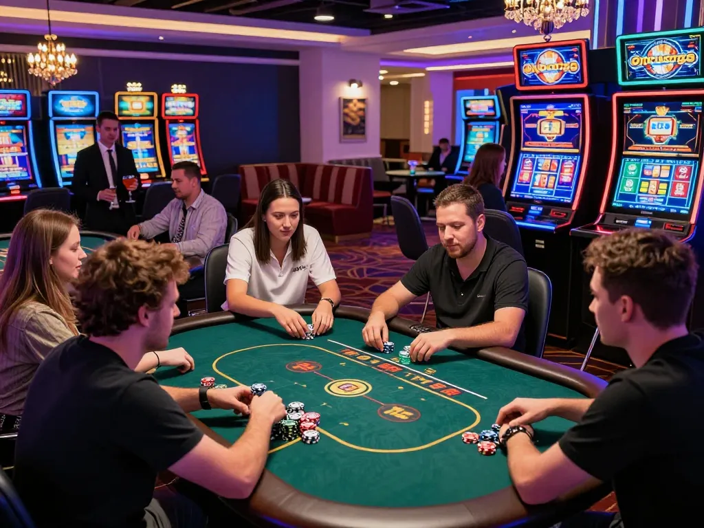 Players enjoying games at Onbet88's vibrant online casino, including roulette and poker tables, capturing the excitement of gaming.