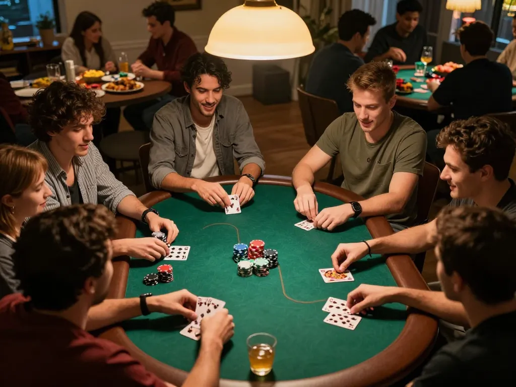 Friends playing poker at home during a lively game night, emphasizing the interactive bk8 gambling experience.