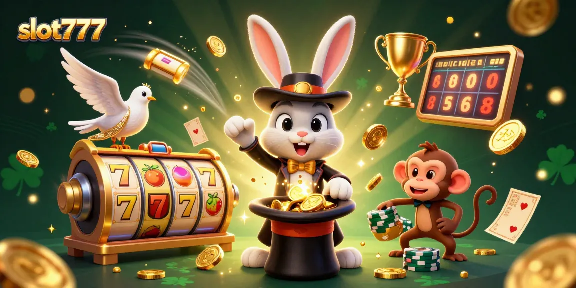 Experience slot777 excitement with a magician rabbit, glamorous dove, and monkey stirring gold coins and jackpots.