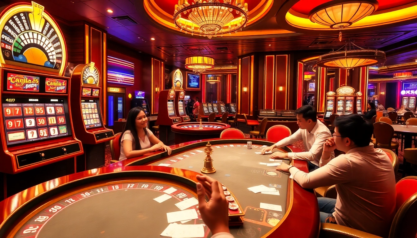 Players engage in thrilling games at the NK88 casino, showcasing vibrant slot machines and action-filled tables.