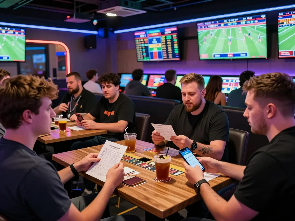Dynamic sportsbook scene showcasing debet betting excitement with diverse bettors engaged in live action.