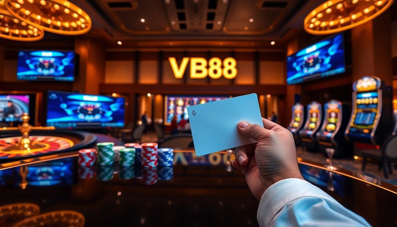 Professional gambler placing strategic bets on VM88’s digital casino interface with vibrant poker chips