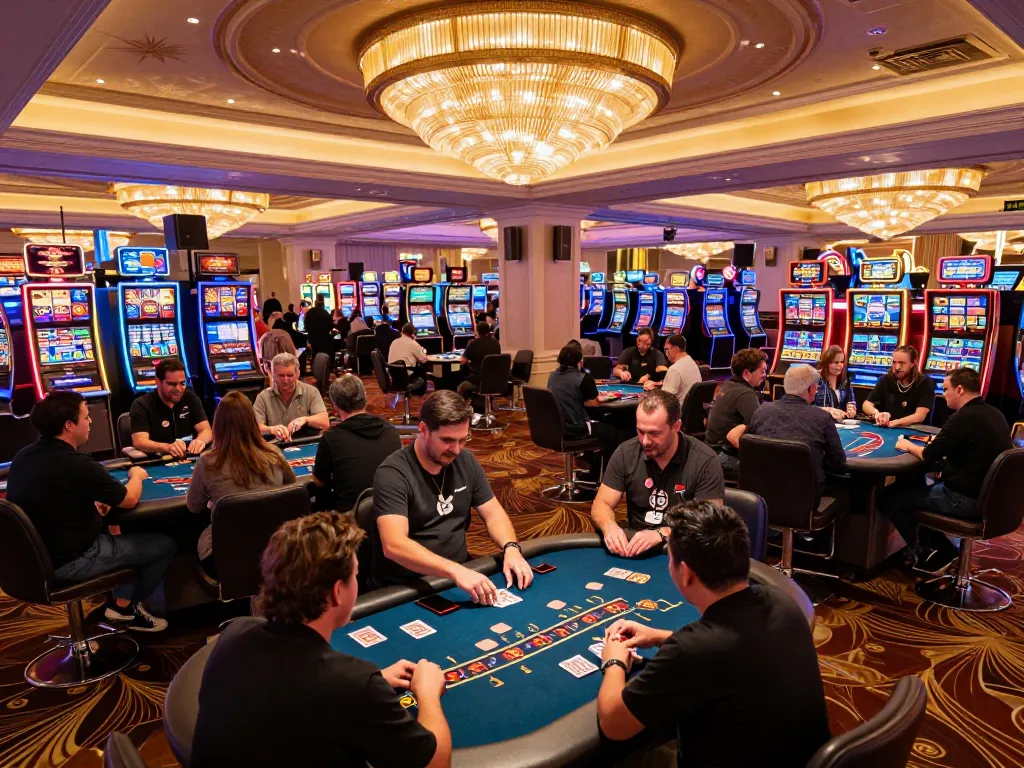 Players engaging in high-stakes poker at a Vegas casino, showcasing dynamic debet betting actions and vibrant atmosphere.