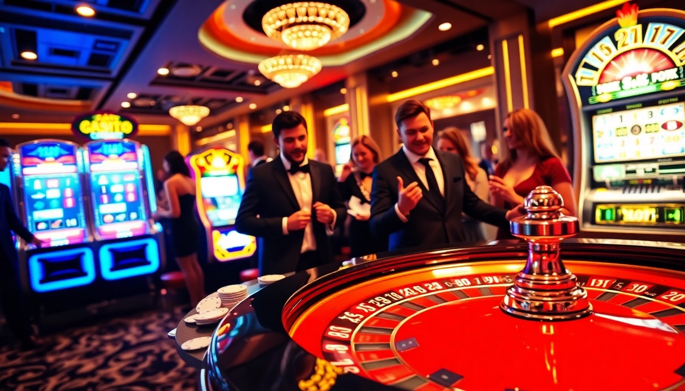 Experience the excitement of betting at lc88.zip with a vibrant casino scene featuring a roulette table and slot machines.