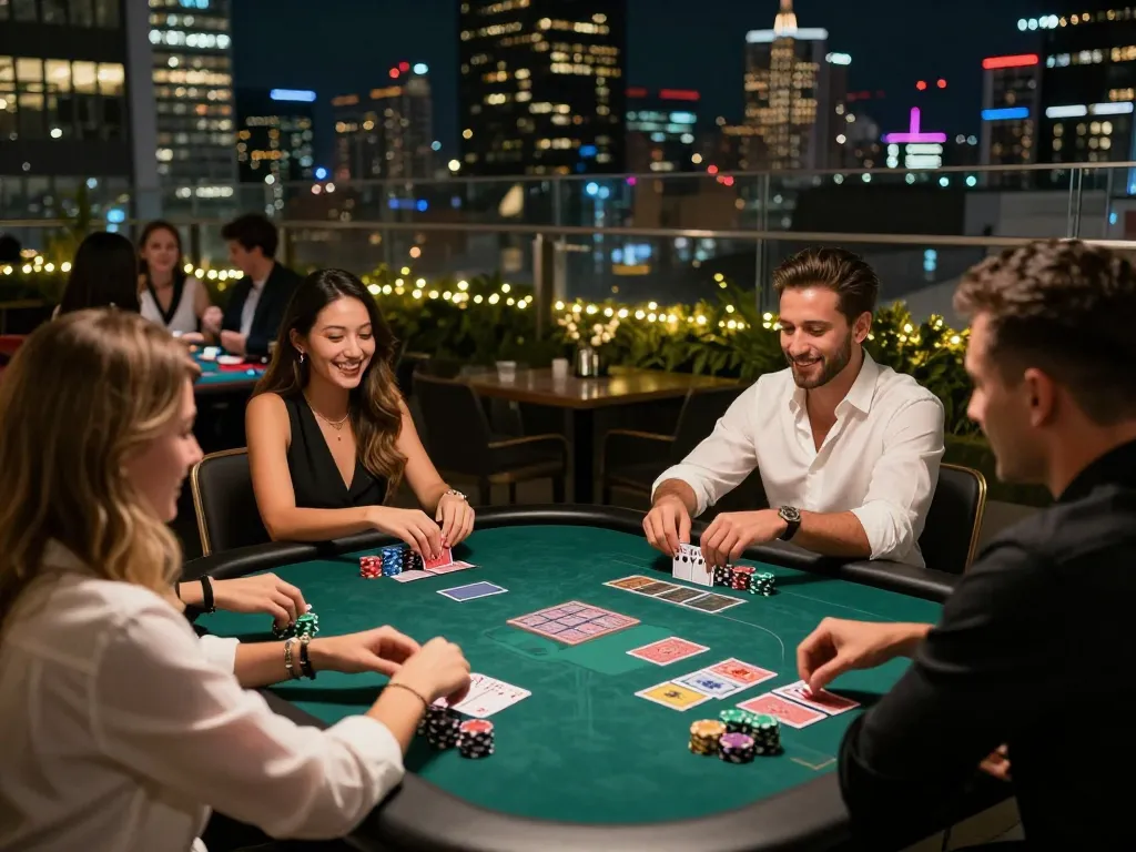 IWIN68 players enjoying a lively rooftop card game in urban casino night setting