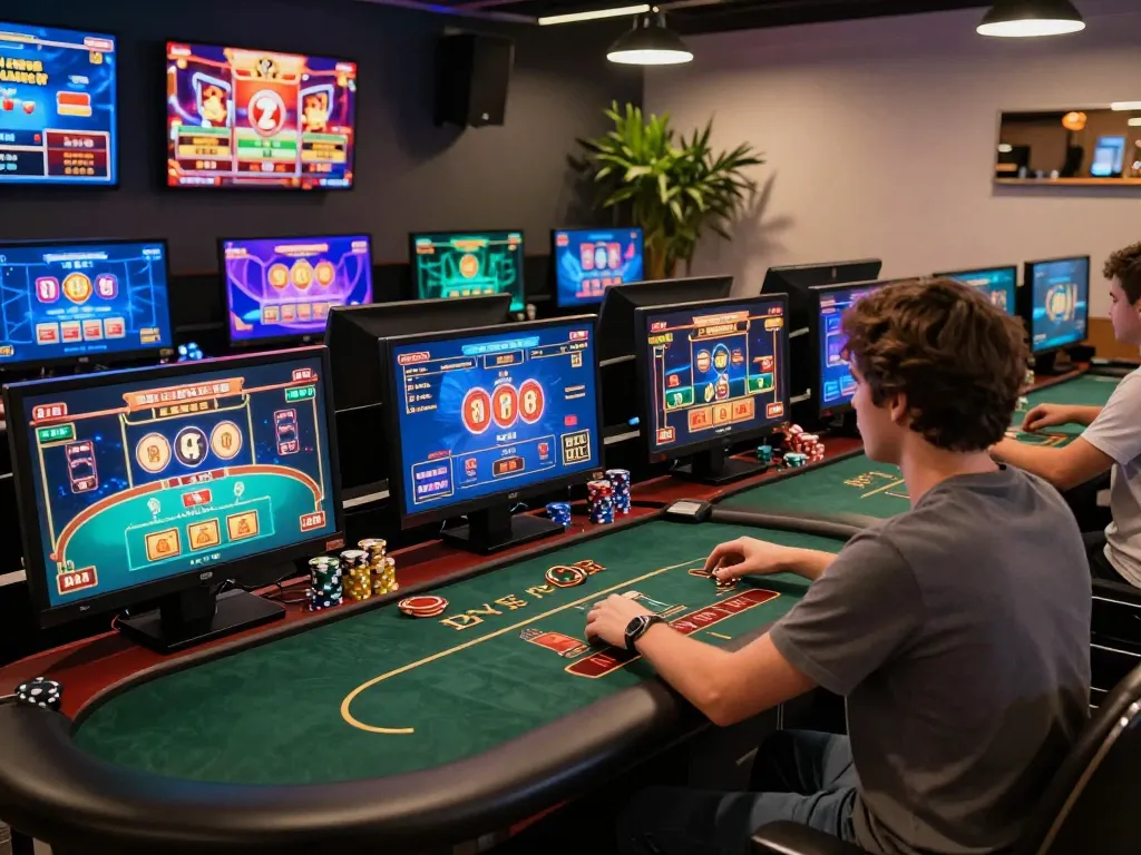 Player engaged with multiple screens showcasing JUN88 games, emphasizing dynamic online gambling experience