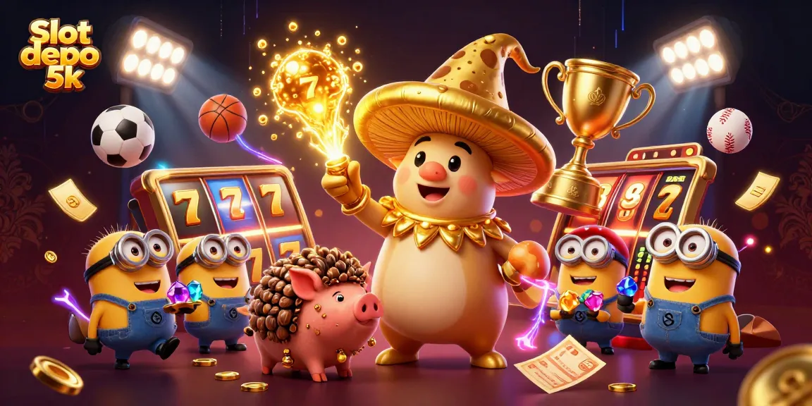 Engage in the vibrant world of Slot depo 5k with a magical casino scene featuring golden treasures.