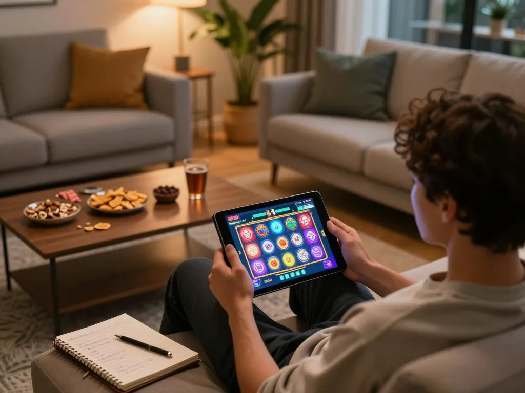 Engaging in online gaming with bonus new member benefits on tablet, showcasing vibrant slot game action