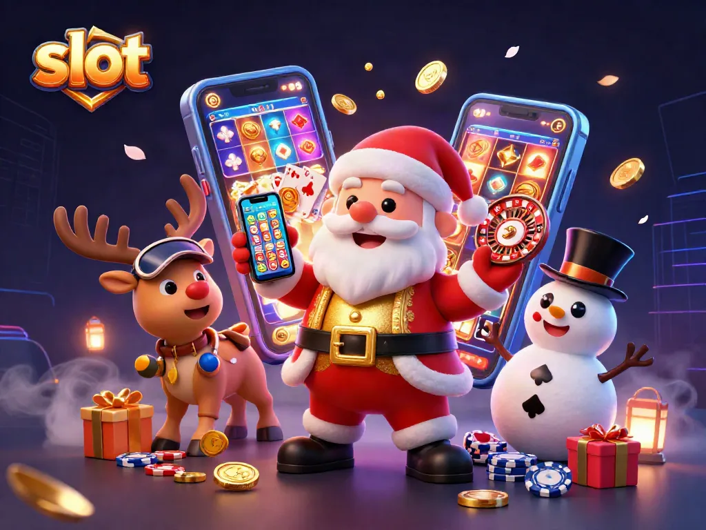 Menangkan slot dengan Santa Claus di kasino, smartphone menunjukkan jackpot dan koin emas terbang.
