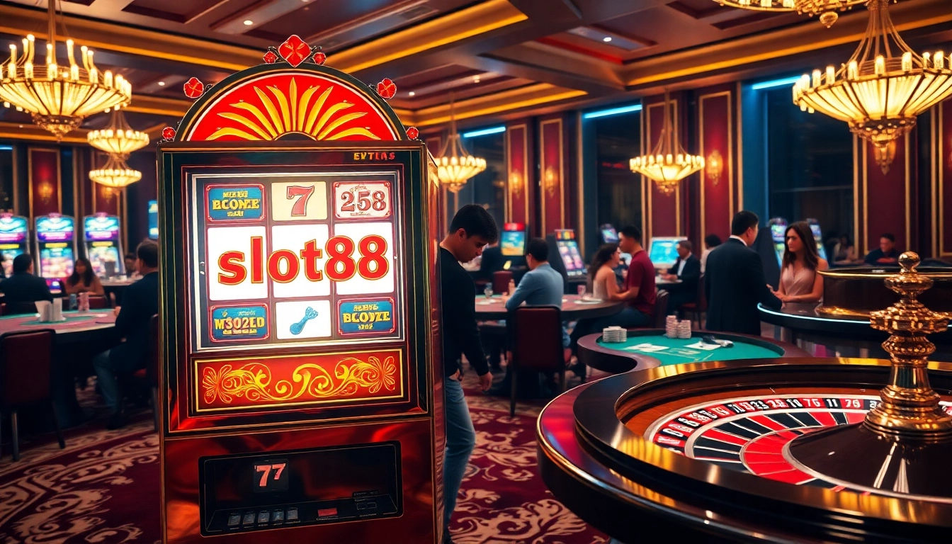 Spin the vibrant slot88 machine as players revel in thrilling casino excitement.