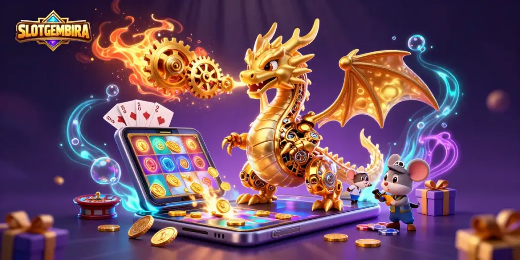 Experience the thrilling gameplay of SLOTGEMBIRA with a golden dragon, slot games, and treasures erupting from all sides.